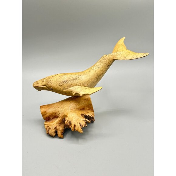 Handcarved Wooden Whale Sculpture 6.5" Wide Rustic Animal Decor Artist Signed - Picture 3 of 9